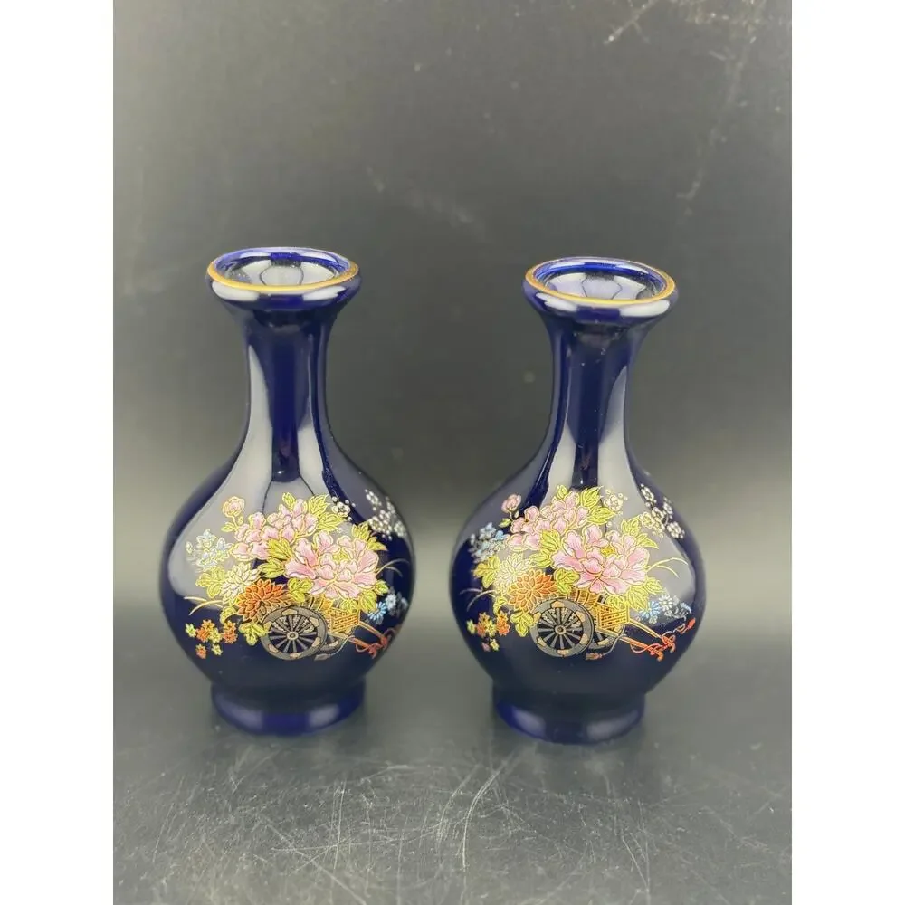VTG Kutani Cobalt Blue Porcelain Vase, Pair